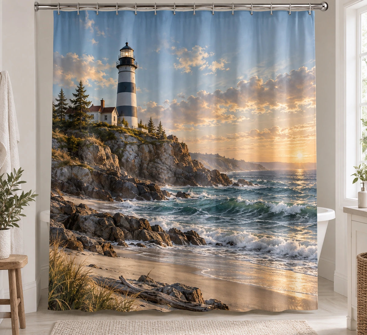 Coastal Shower Curtain - Lighthouse Point Sunrise Shore with printed artwork on draped polyester fabric