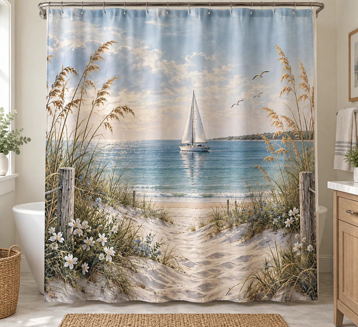 Coastal Shower Curtain - Sailboat Harbor Wildflower Dunes with printed artwork on draped polyester fabric