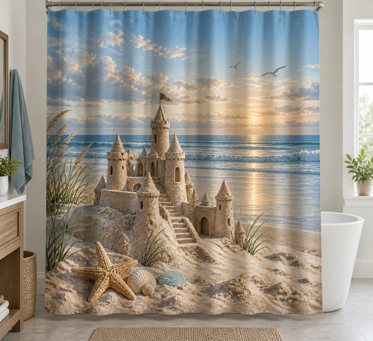 Coastal Shower Curtain - Sandcastle Calm Harbor with printed artwork on draped polyester fabric