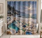 Coastal Shower Curtain - Sea Glass Cove Moonlit Tide with printed artwork on draped polyester fabric