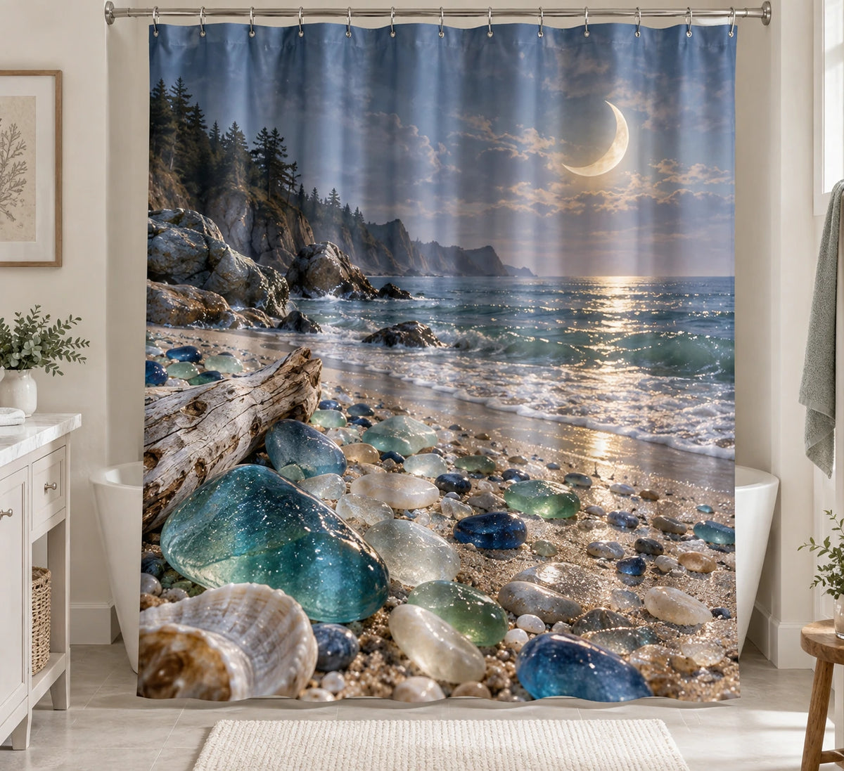 Coastal Shower Curtain - Sea Glass Cove Moonlit Tide with printed artwork on draped polyester fabric
