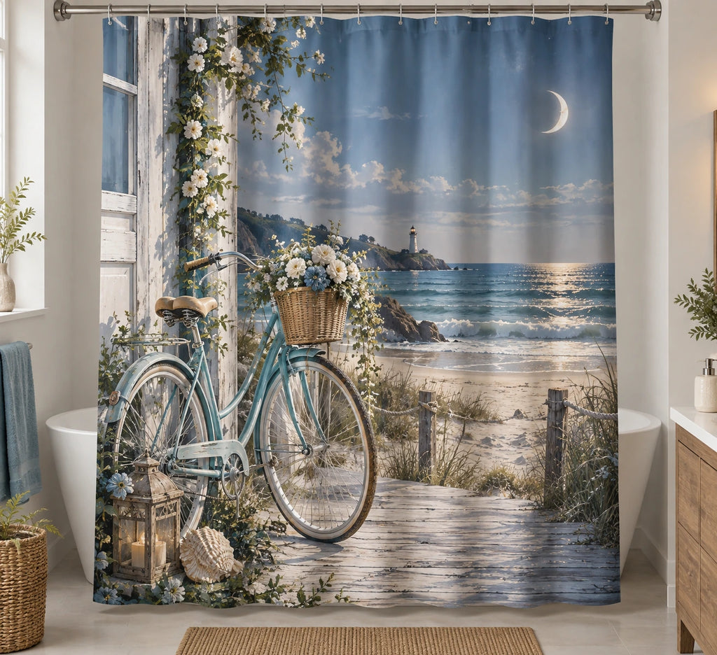 Coastal Shower Curtain - Seaside Bicycle Moonlit Tide with printed artwork on draped polyester fabric