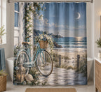 Coastal Shower Curtain - Seaside Bicycle Moonlit Tide with printed artwork on draped polyester fabric