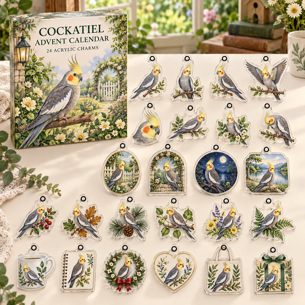 Cockatiel advent calendar box with 24 themed flat printed acrylic charms