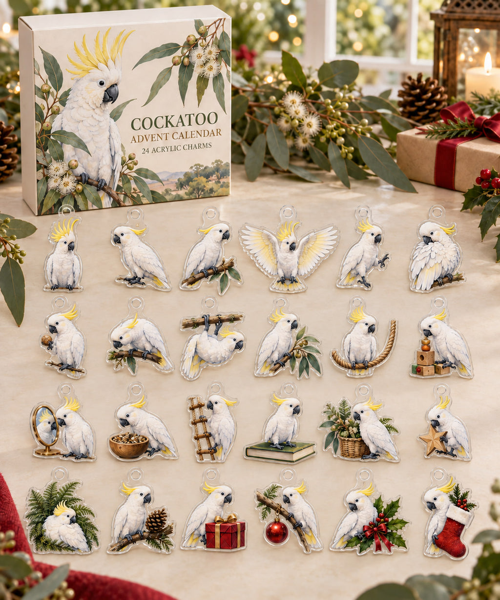 Cockatoo advent calendar with 24 custom-shaped flat acrylic charms and printed dimensional artwork