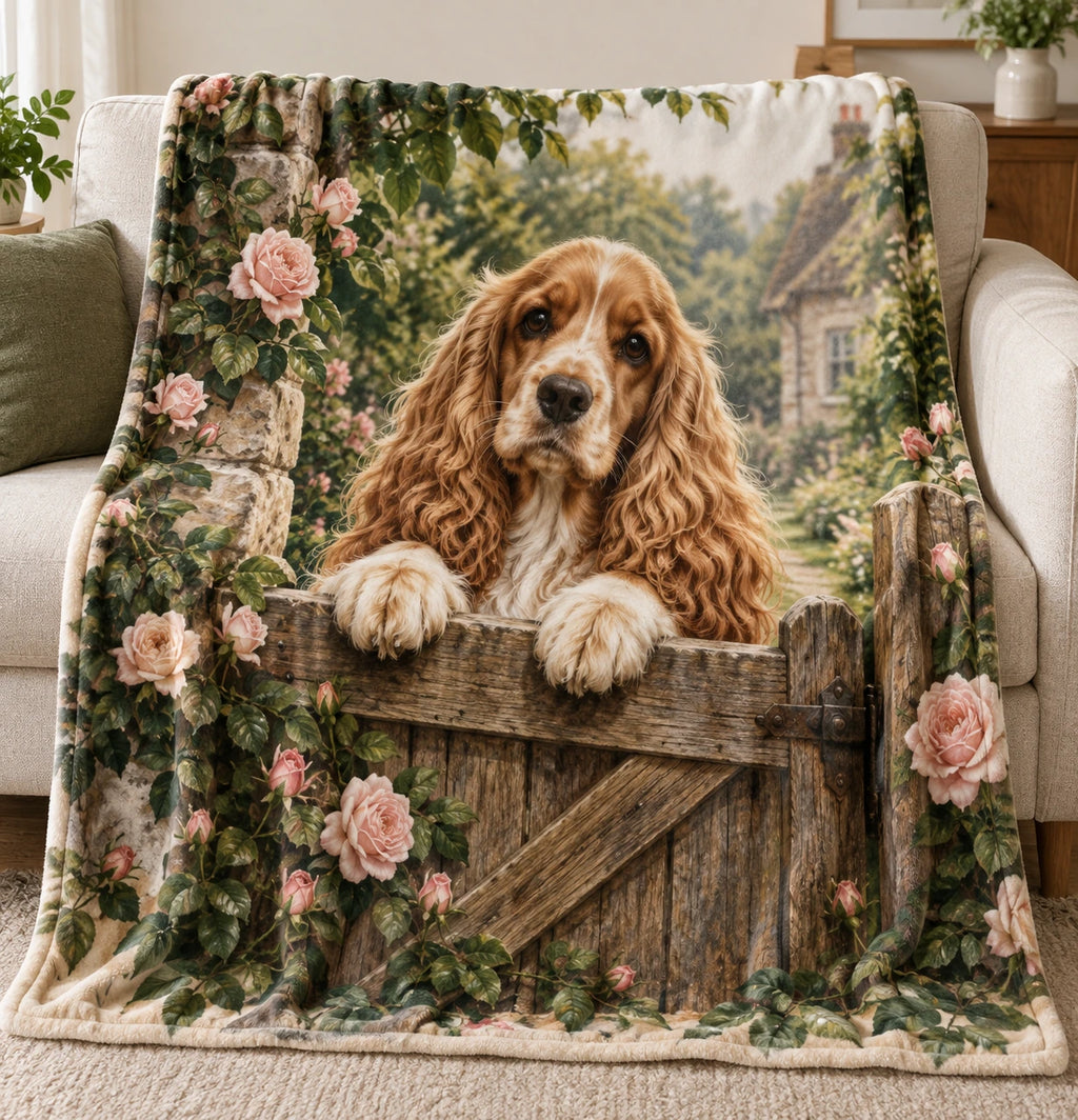 Cocker Spaniel Garden Gate Fleece Blanket with printed dimensional artwork