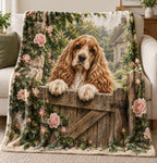 Cocker Spaniel Garden Gate Fleece Blanket with printed dimensional artwork