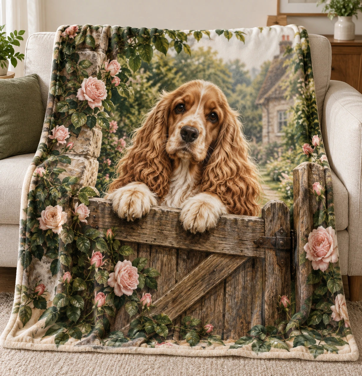 Cocker Spaniel Garden Gate Fleece Blanket with printed dimensional artwork
