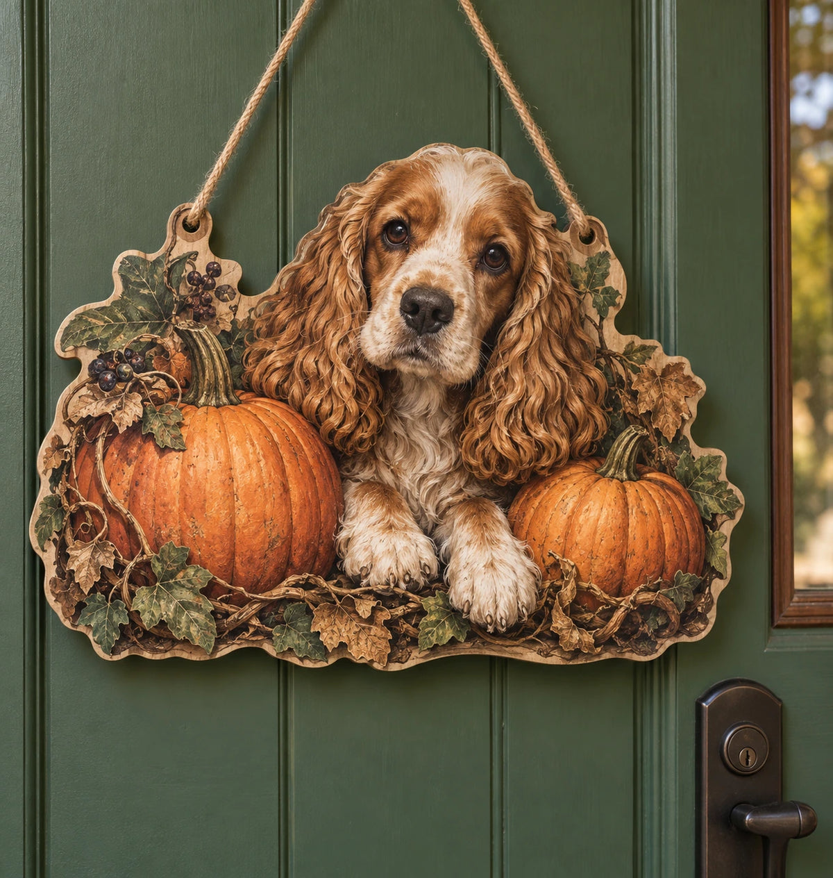 Cocker Spaniel Pumpkin Patch Custom Shape Door Hanger with printed dimensional artwork