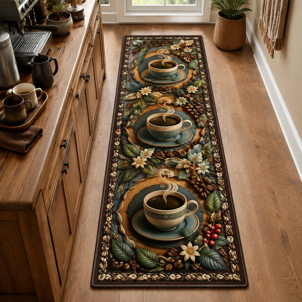 Coffee Botanical Trail runner rug with a dimensional printed design in a coffee kitchen setting