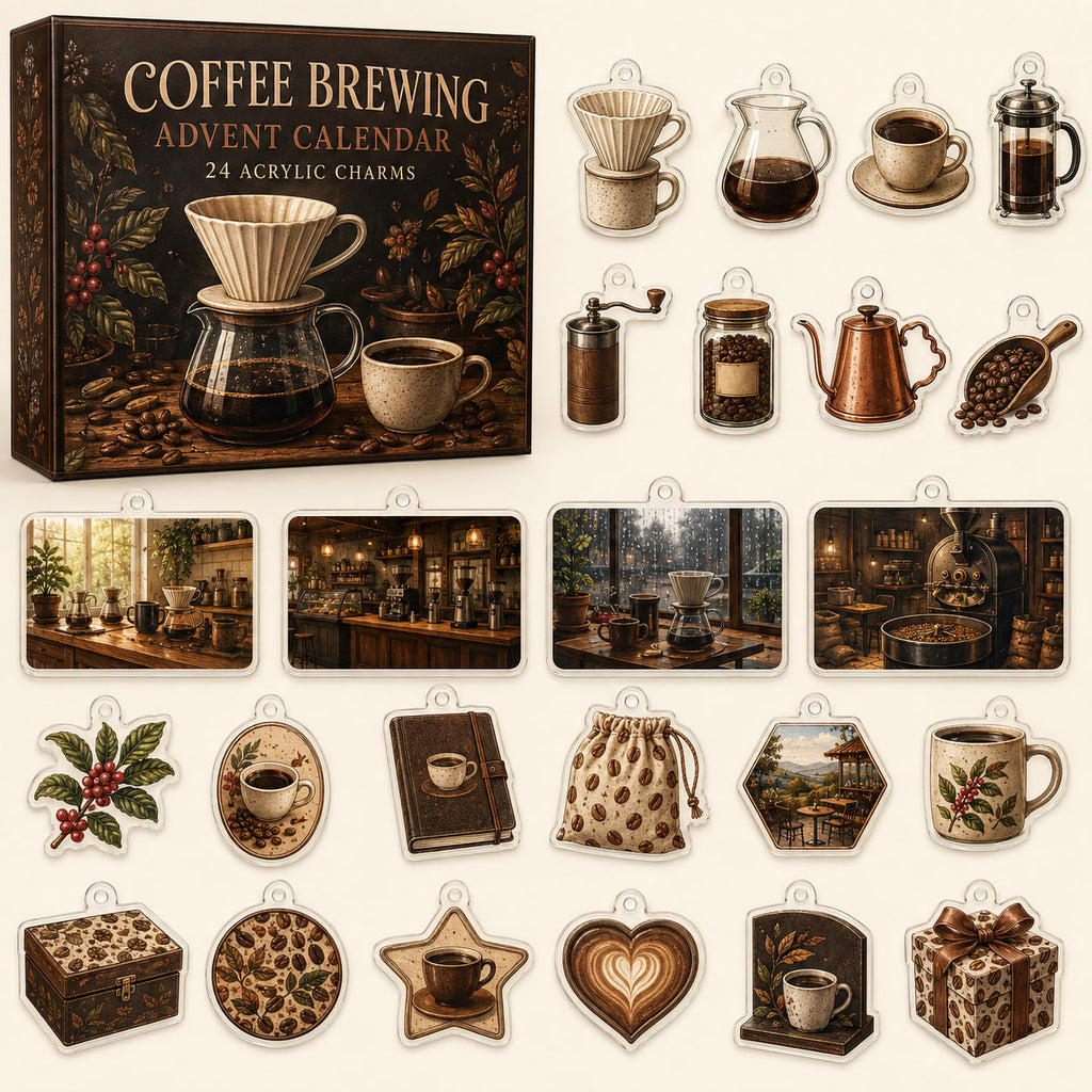 Coffee Brewing advent calendar box and24 beverage-themed printed acrylic charms