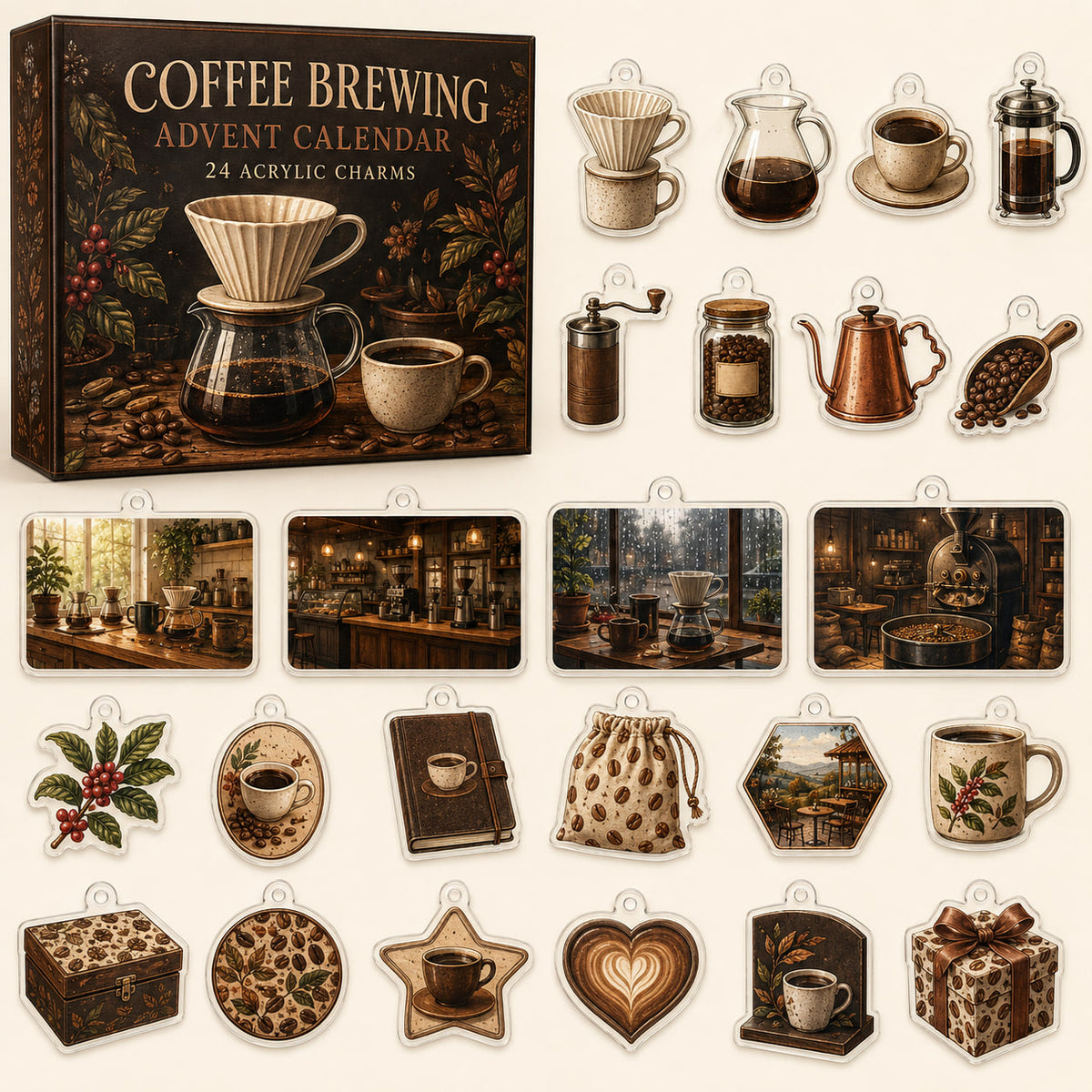 Coffee Brewing advent calendar box and24 beverage-themed printed acrylic charms