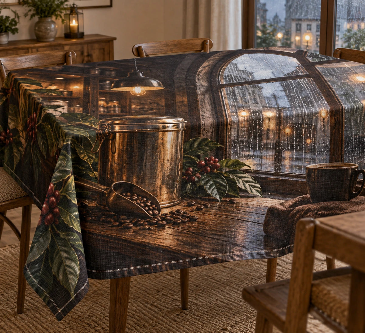 Coffee Canister Rainy Cafe Tablecloth with printed 3D depth
