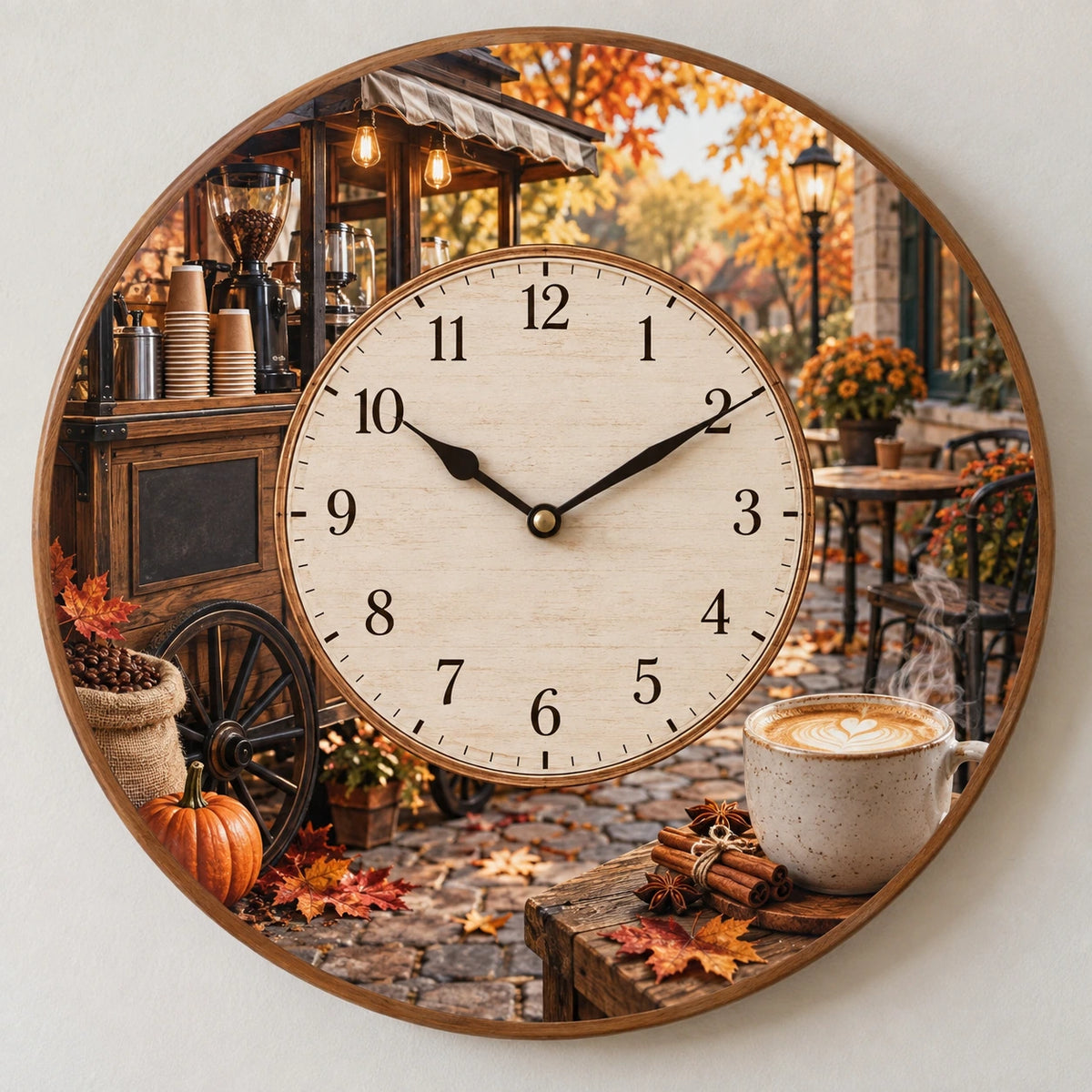 Coffee Cart Autumn Spice Wooden Wall Clock with printed 3D depth