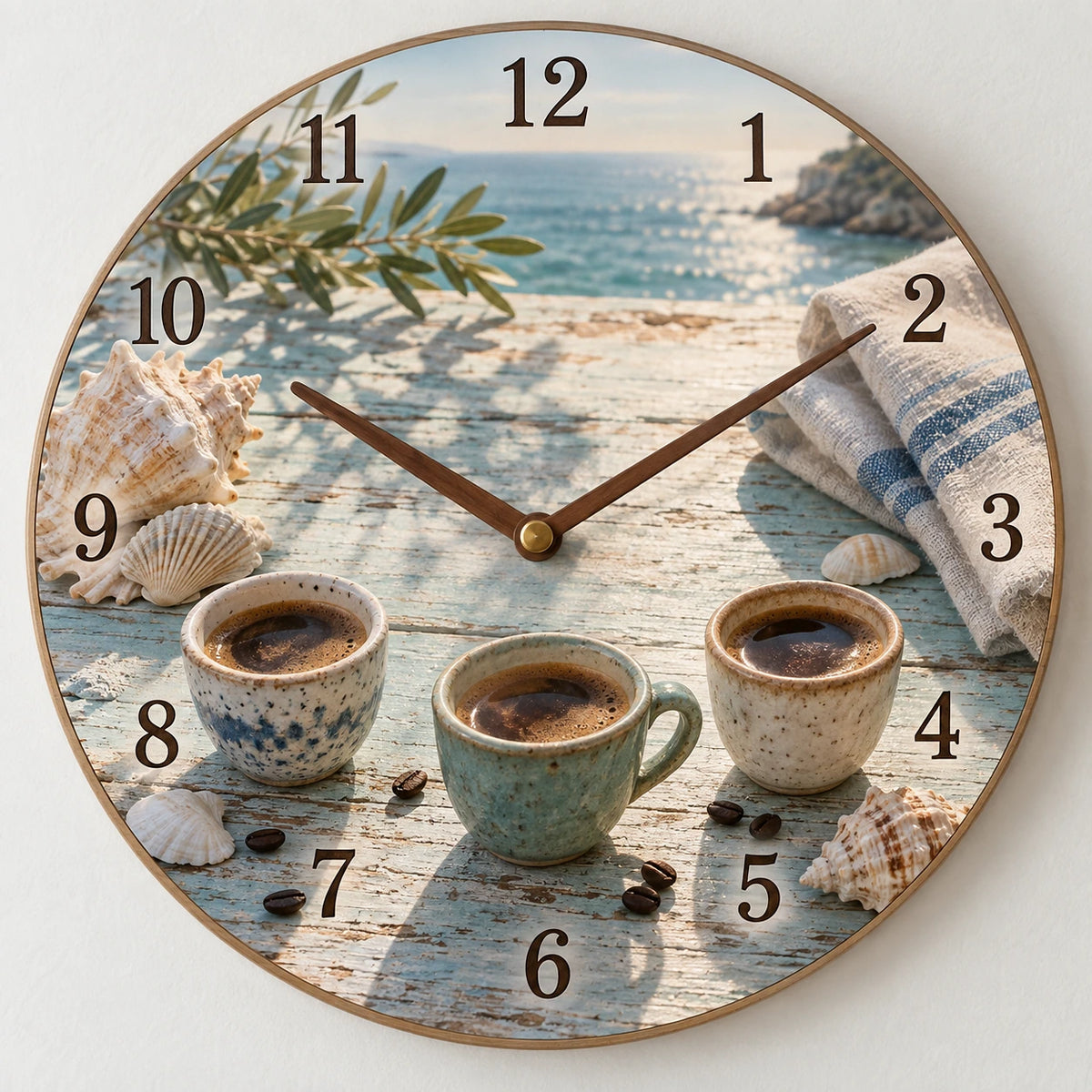 Coffee Flight Coastal Morning Wooden Wall Clock with printed 3D depth
