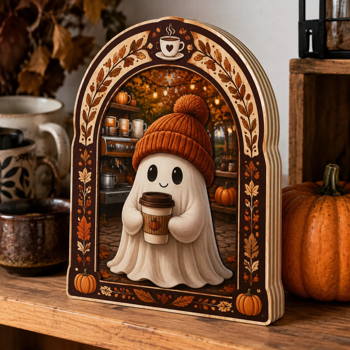 Coffee Ghost Cozy Corner wooden block 3 layer with a dimensional printed design in a ghost coffee setting