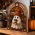 Coffee Ghost Cozy Corner wooden block 3 layer with a dimensional printed design in a ghost coffee setting