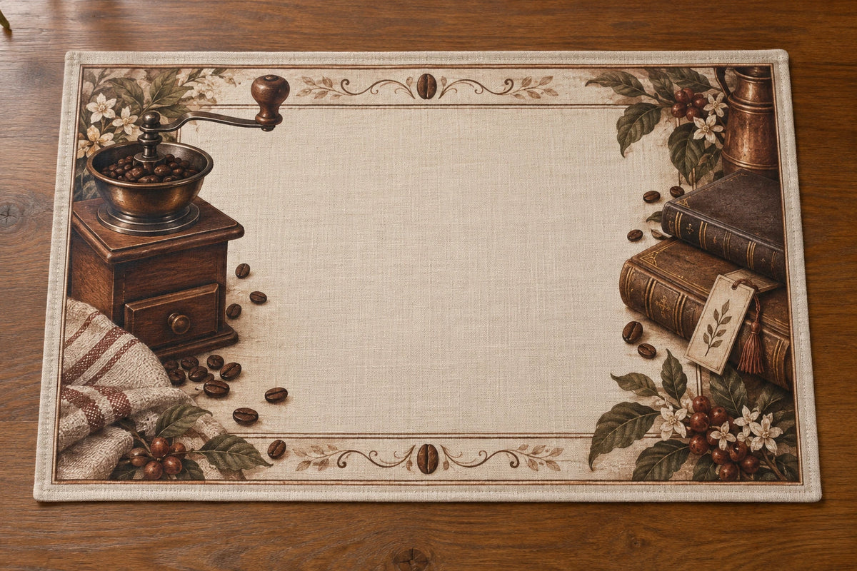 Coffee Grinder Bookshop Break Placemat with printed dimensional artwork