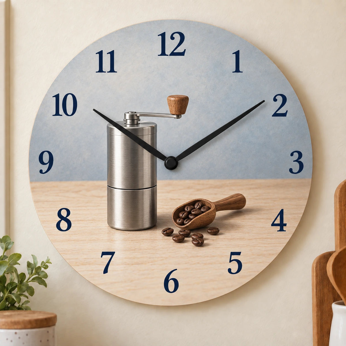 Coffee Grinder Ritual Wooden Wall Clock with printed metal-grinder depth and clear numerals