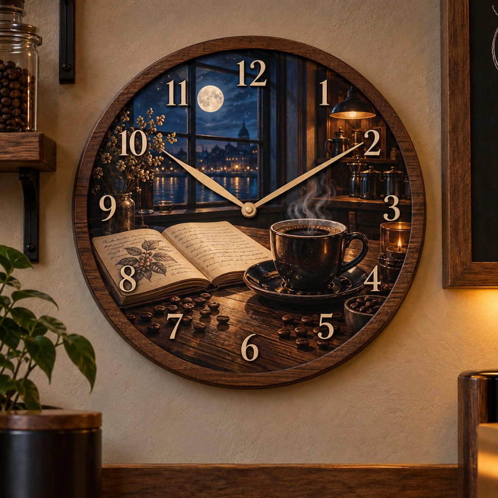Coffee Notebook Moonlight Roast Wooden Wall Clock with printed dimensional artwork