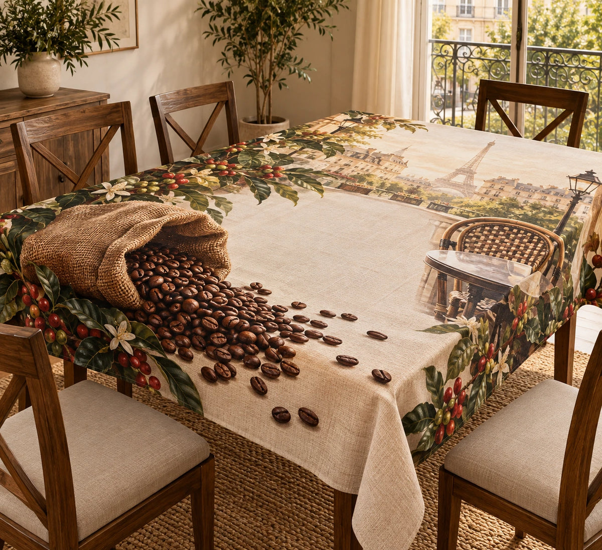 Coffee Sack Botanical Roast Tablecloth with printed 3D depth