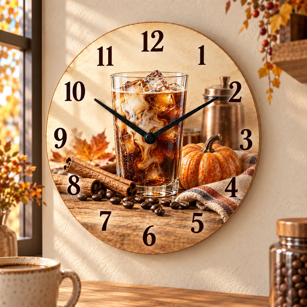 Cold Brew Autumn Spice Wooden Wall Clock with printed dimensional coffee artwork