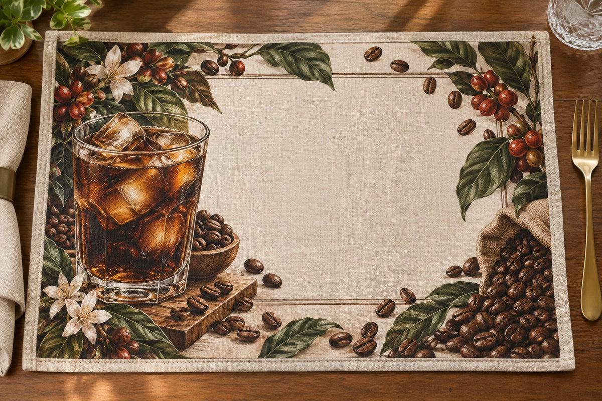 Cold Brew Botanical Roast Placemat with printed dimensional artwork