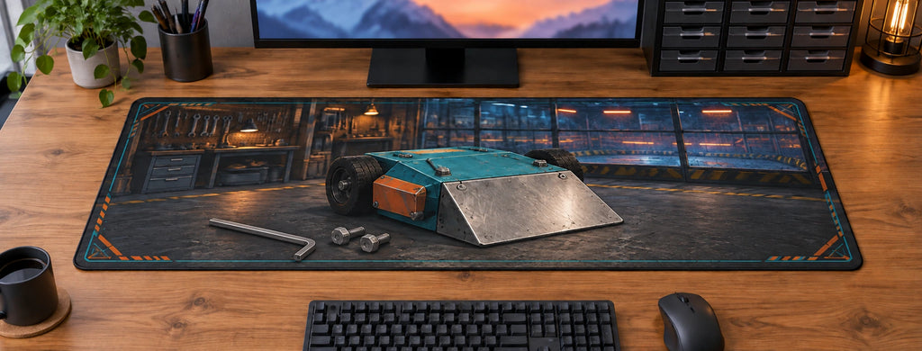 Combat Robotics Workshop Desk Mat with original printed optical 3D artwork