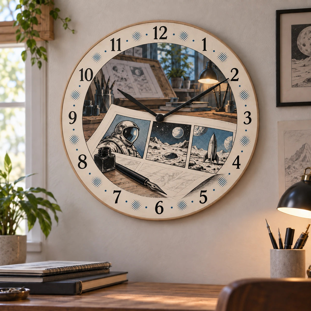 Comic Inking Studio Wooden Wall Clock with original printed optical 3D artwork
