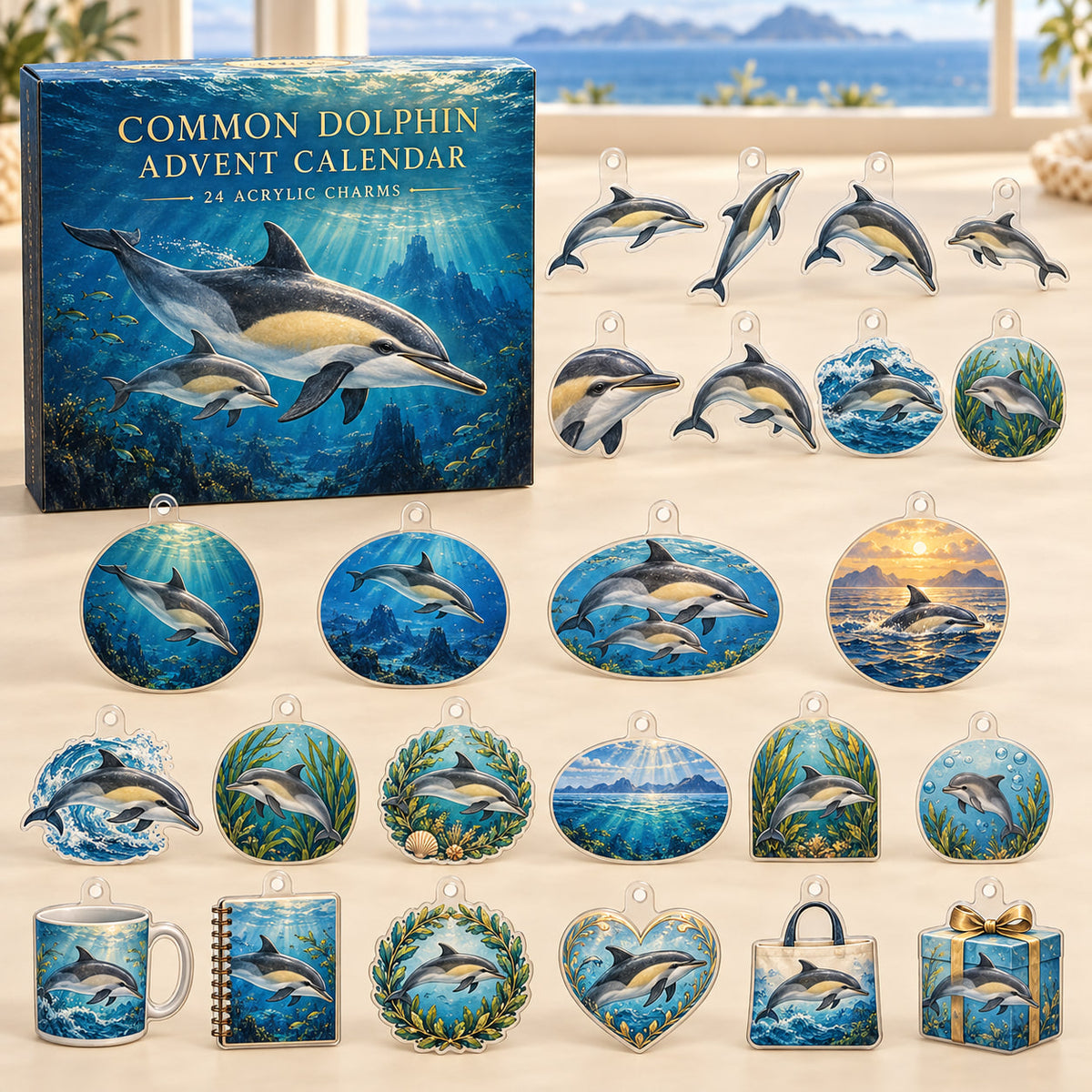 Common Dolphin advent calendar box and24 themed flat printed acrylic charms with layered ocean artwork
