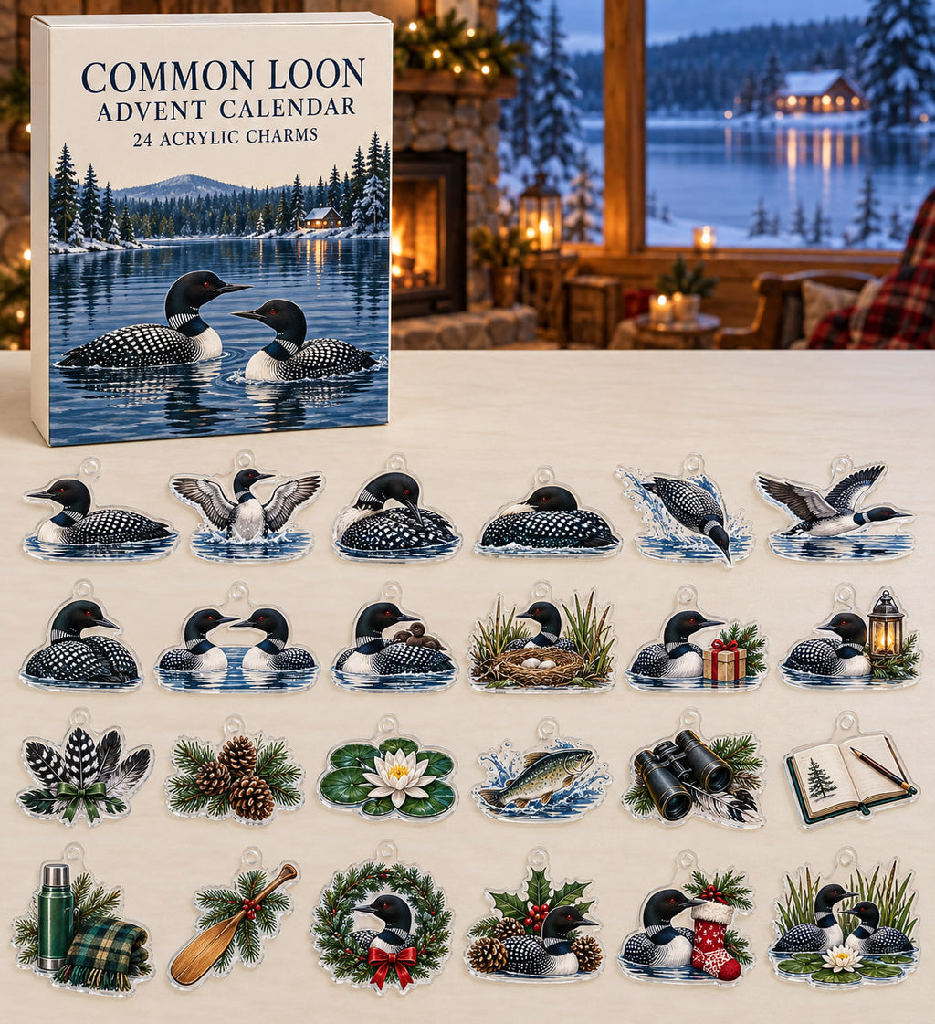 Common Loon advent calendar with 24 custom-shaped flat acrylic charms and printed dimensional artwork