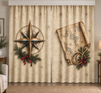Compass Rose Holiday Chart Window Curtain Pair with printed compass and rolled-chart depth