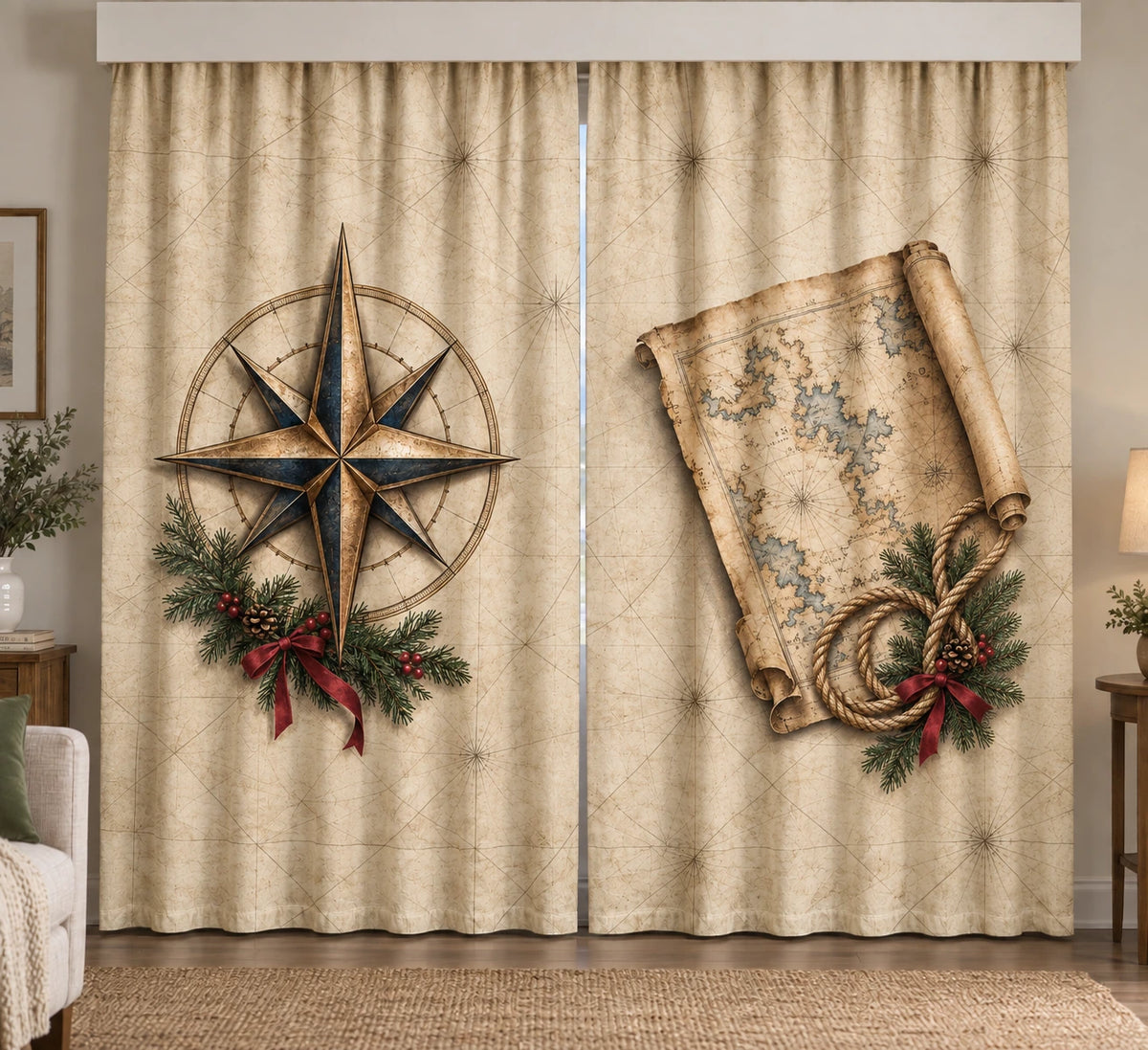 Compass Rose Holiday Chart Window Curtain Pair with printed compass and rolled-chart depth