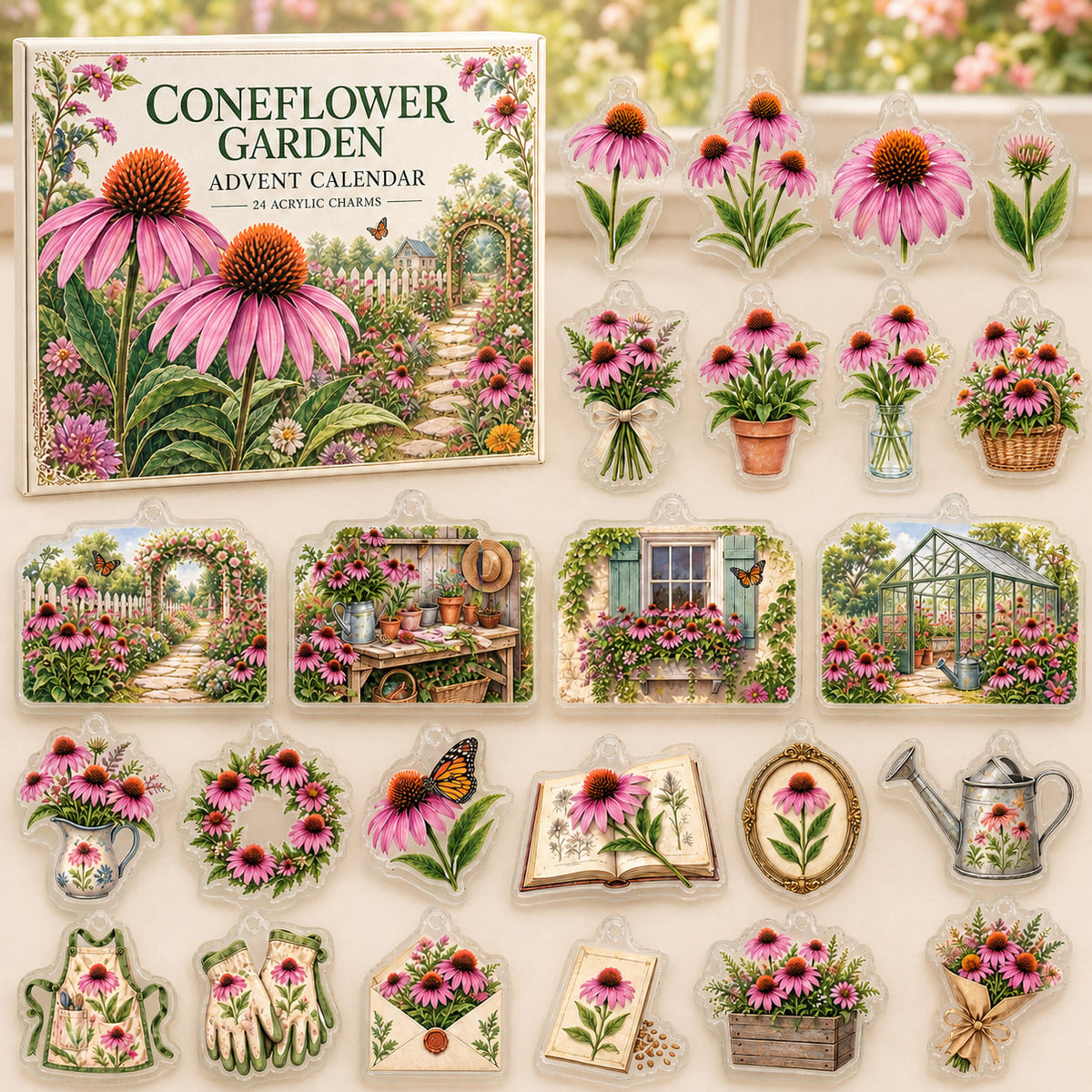 Coneflower advent calendar box and 24 printed acrylic botanical charms