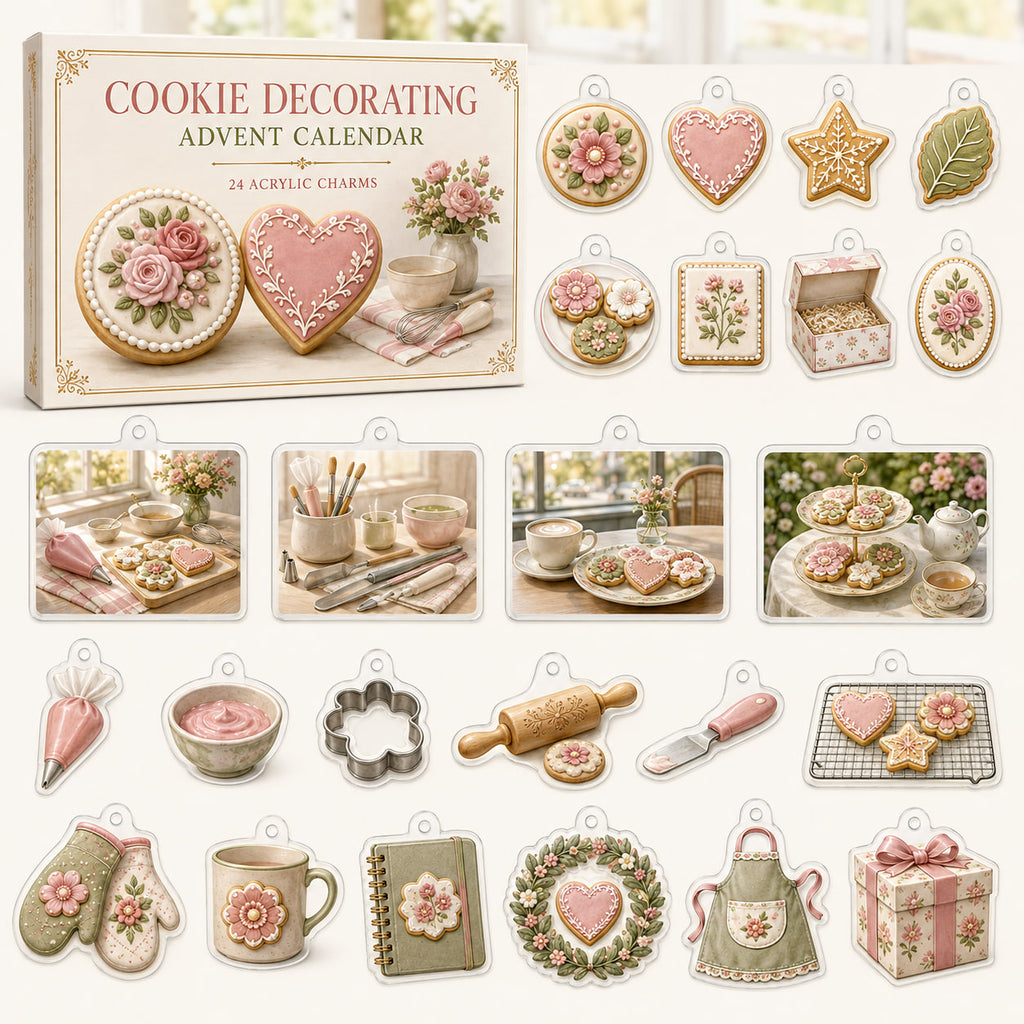 Cookie Decorating advent calendar box with 24 themed printed acrylic charms