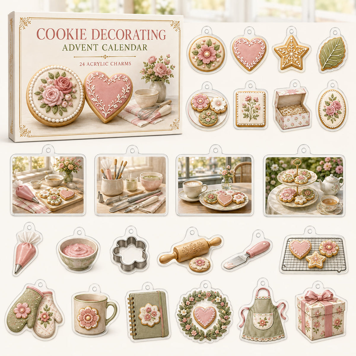 Cookie Decorating advent calendar box with 24 themed printed acrylic charms