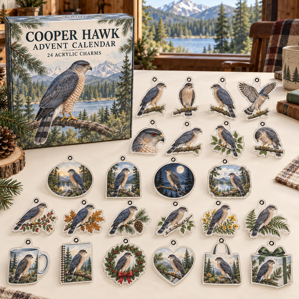 Cooper Hawk advent calendar box with 24 themed flat printed acrylic charms