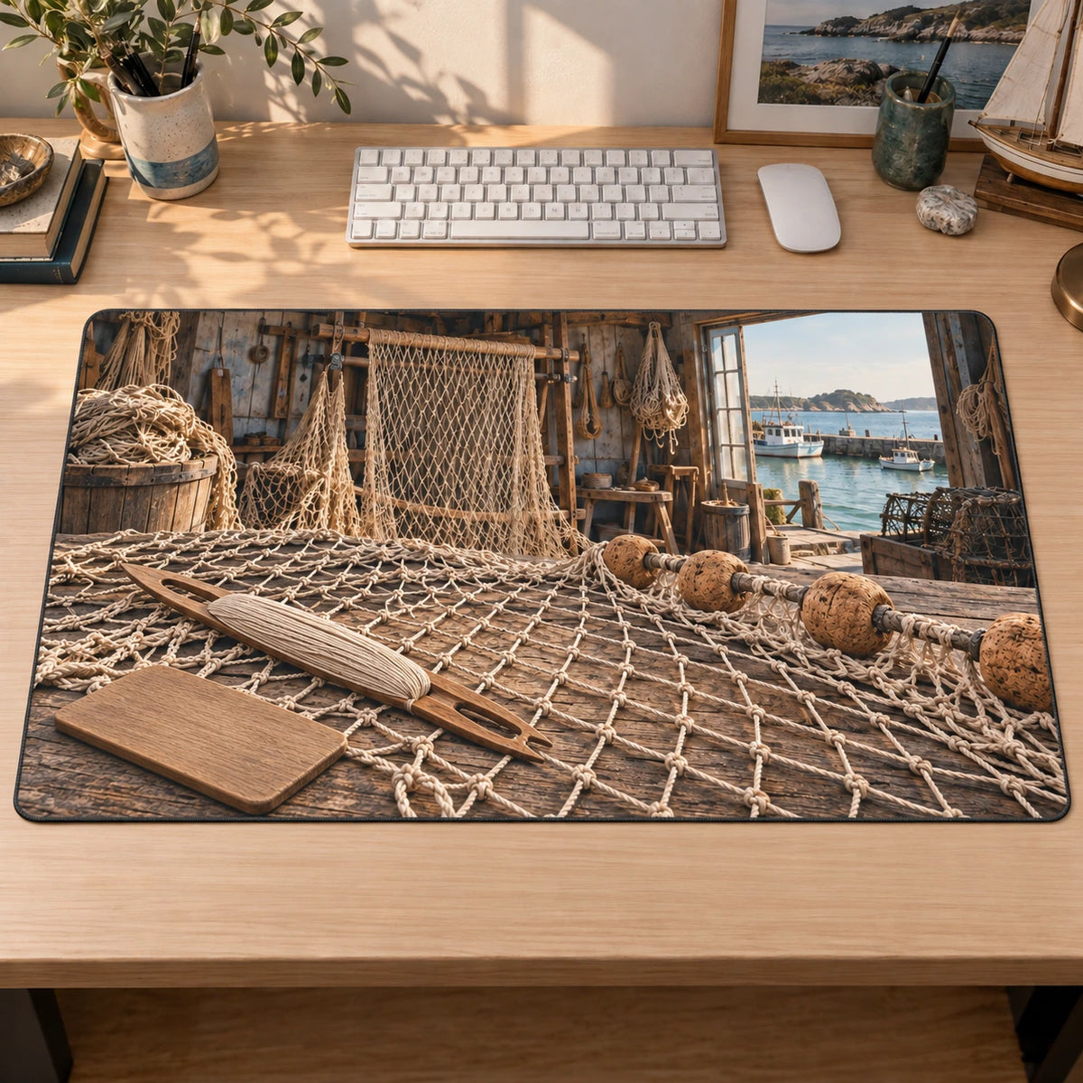 Flat printed Net Making Harbor Workshop Desk Mat on a coastal study desk