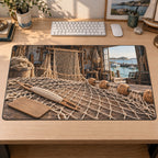 Flat printed Net Making Harbor Workshop Desk Mat on a coastal study desk