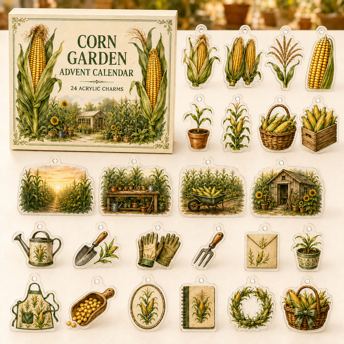 Corn Growing advent calendar box with 24 printed acrylic garden charms