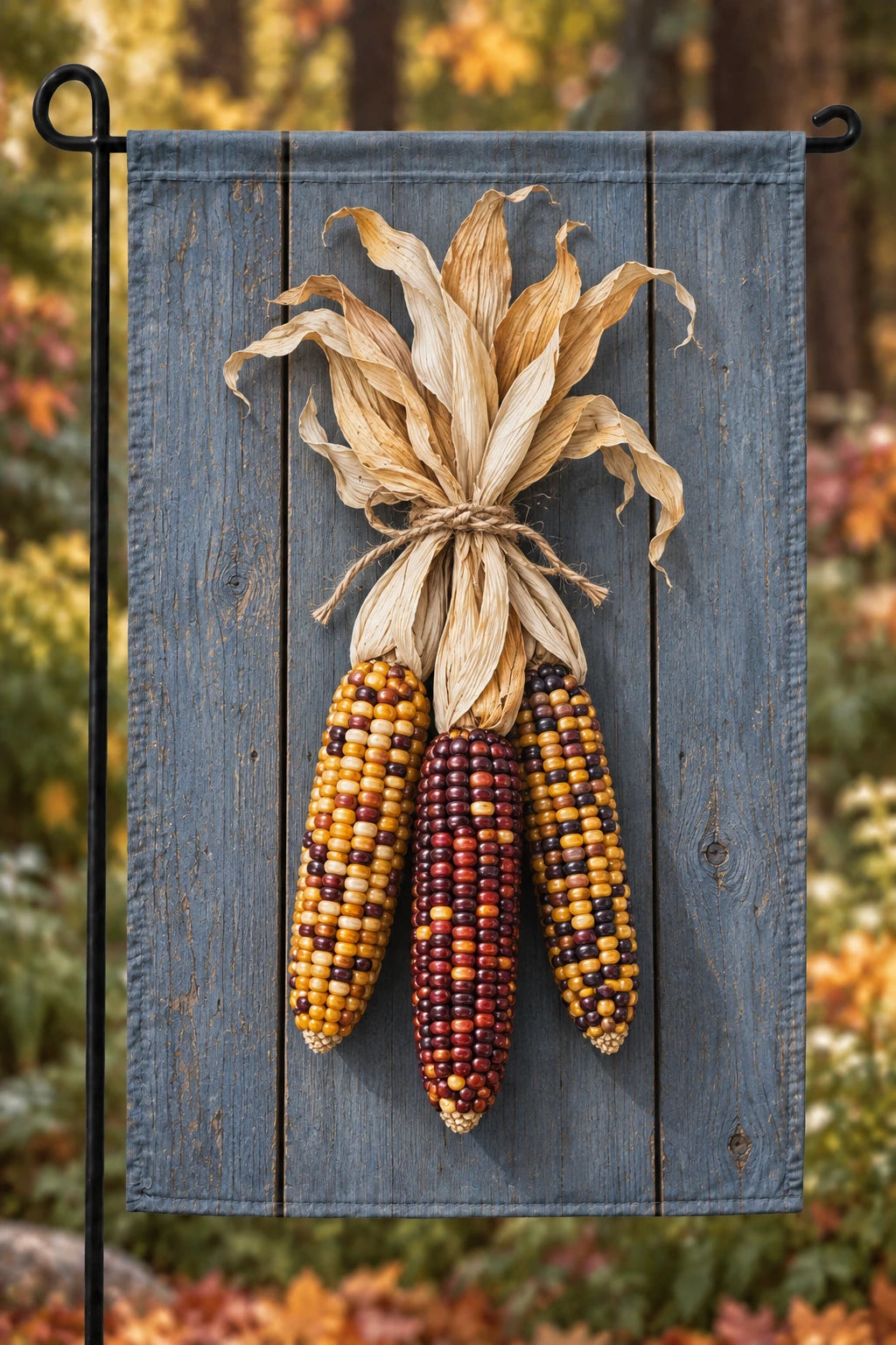 Corn Husk Harvest Bundle Garden Flag with printed papery husks and colorful kernel depth
