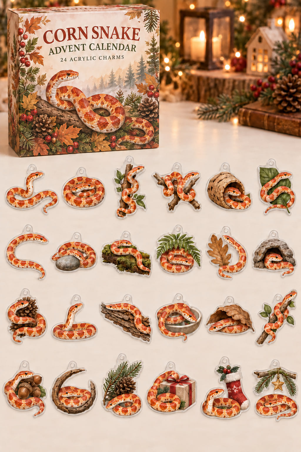 Corn Snake advent calendar with 24 custom-shaped flat acrylic charms and printed dimensional artwork