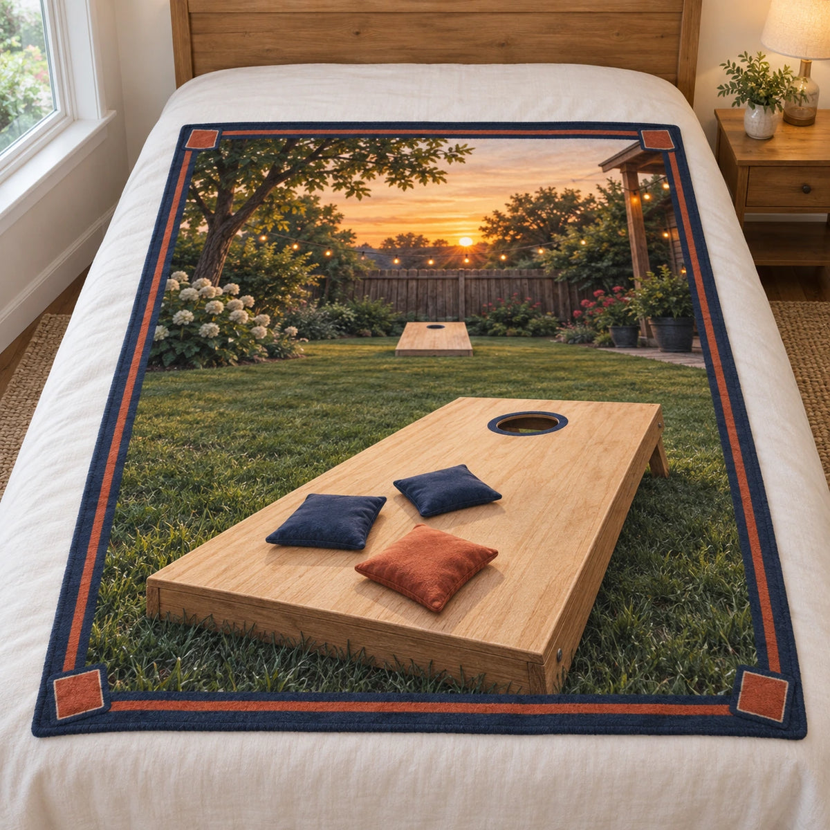 Cornhole Backyard Sunset Fleece Throw Blanket with original printed optical 3D artwork
