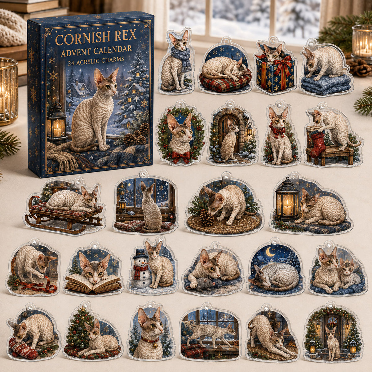 Cornish Rex advent calendar box and 24 illustrated acrylic charms displayed on an ivory tabletop in a winter setting