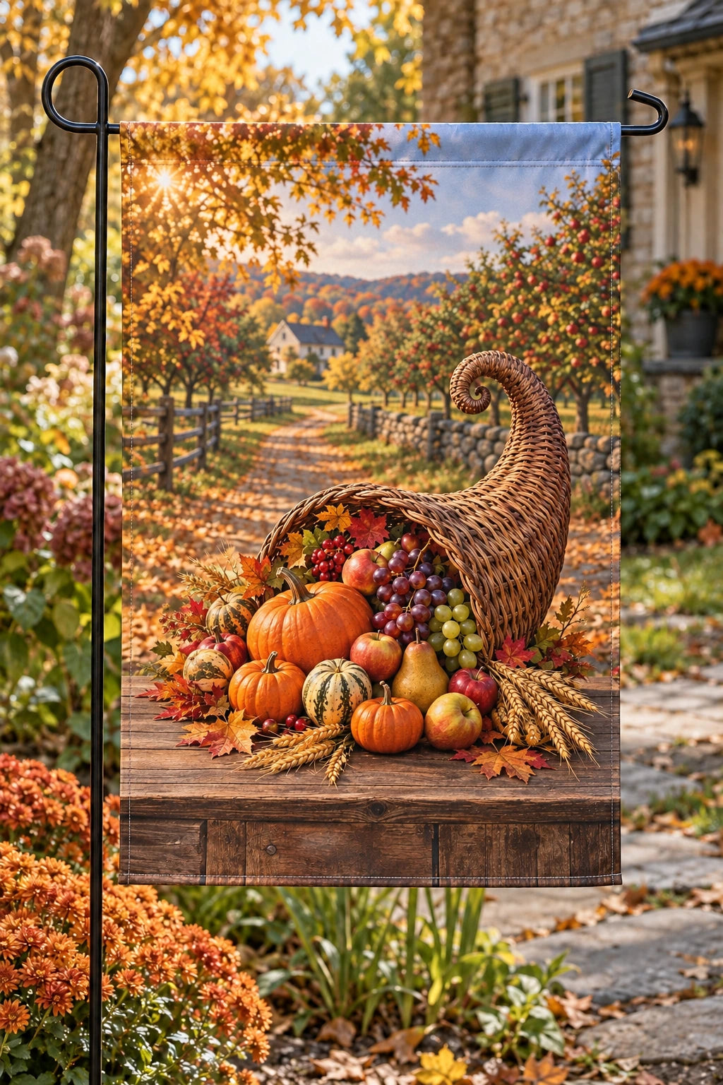 Cornucopia orchard harvest scene printed on a flat garden flag.