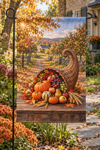 Cornucopia orchard harvest scene printed on a flat garden flag.