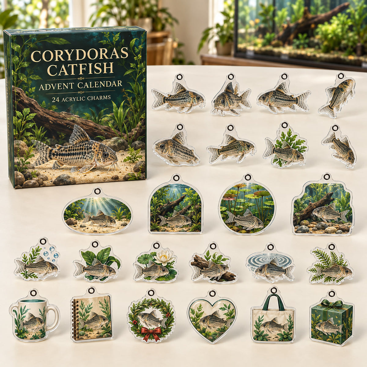Corydoras Catfish advent calendar box with 24 themed flat printed acrylic charms