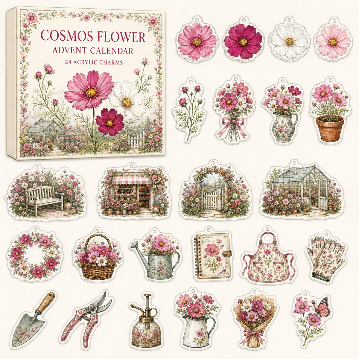 Cosmos Flower advent calendar box and24 printed acrylic floral charms