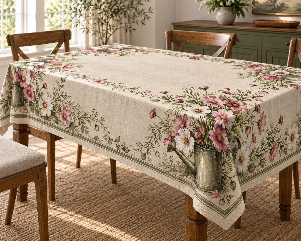 Cosmos Vintage Watering Can Tablecloth with printed dimensional artwork