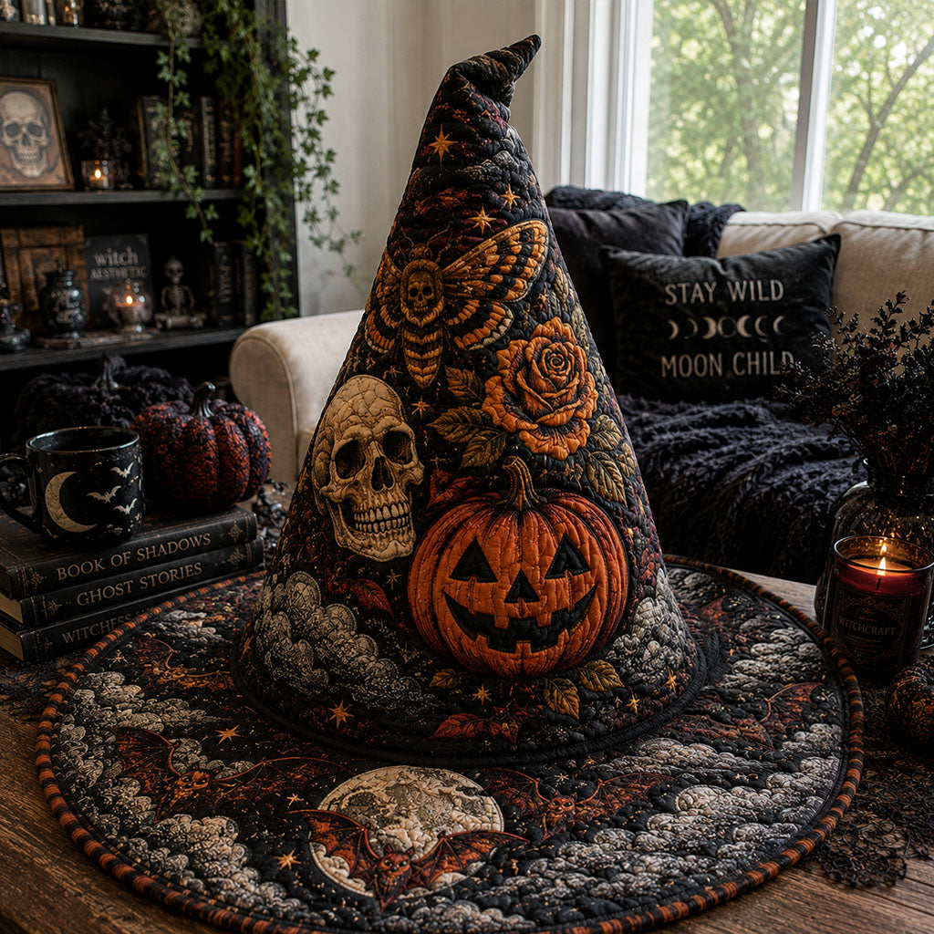 Cottage Of Shadows quilted witch hat, all-over print on cone and brim